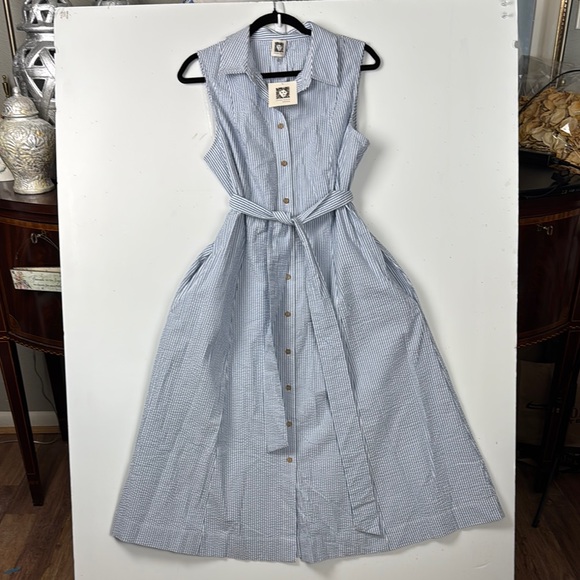 Anne Klein SEERSUCKER White&Blue Dress w/Pockets Self Tie NWT SZ 12 Classic - Picture 2 of 11